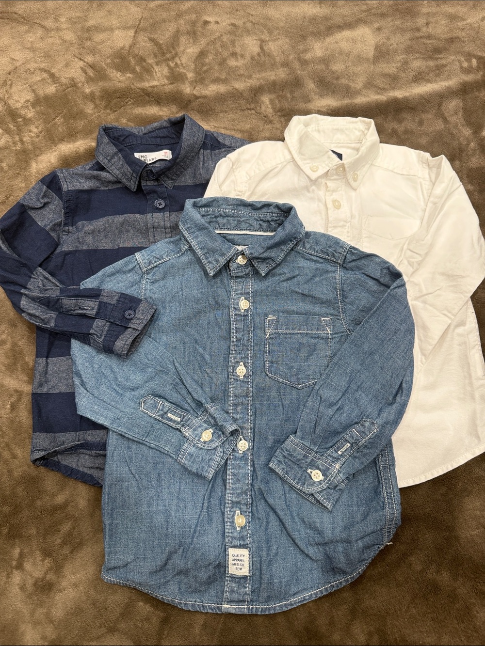 3 Boys Button-Front Shirts - Denim Blue, Navy Stripe & White